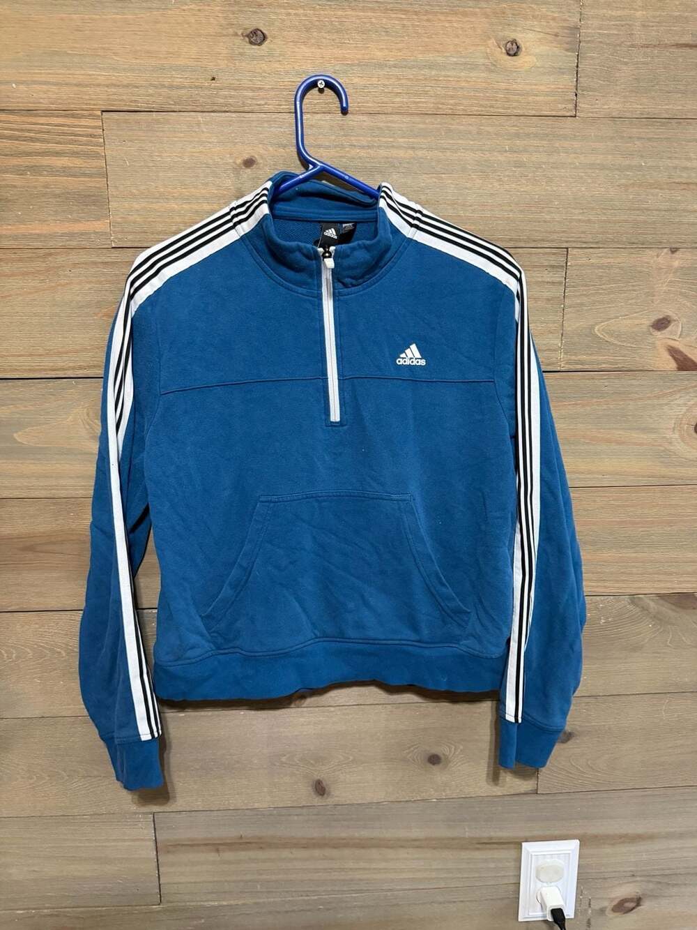 Adidas Blue Half-Zip Pullover Sweatshirt with Three Stripes Size L